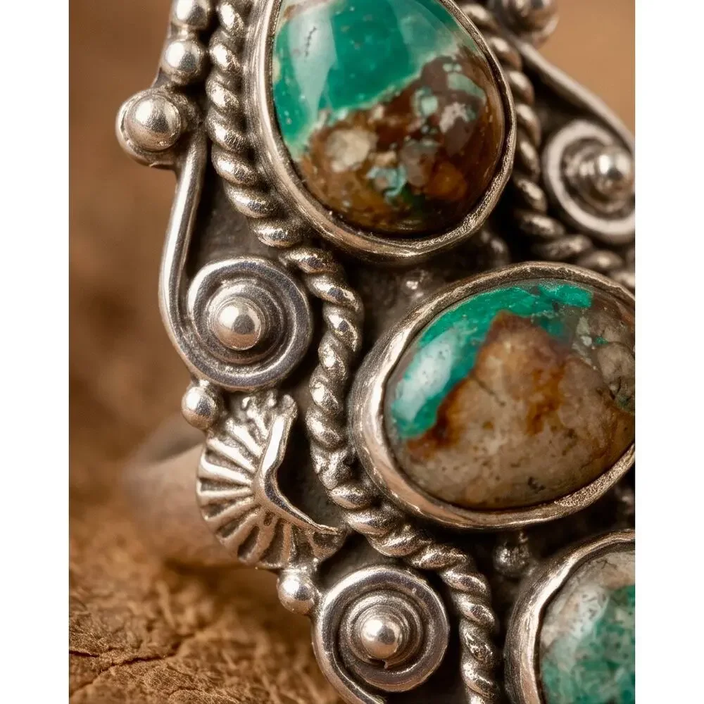 Royston Turquoise Three Stone Sterling 925 Ring Size 9 Adjustable